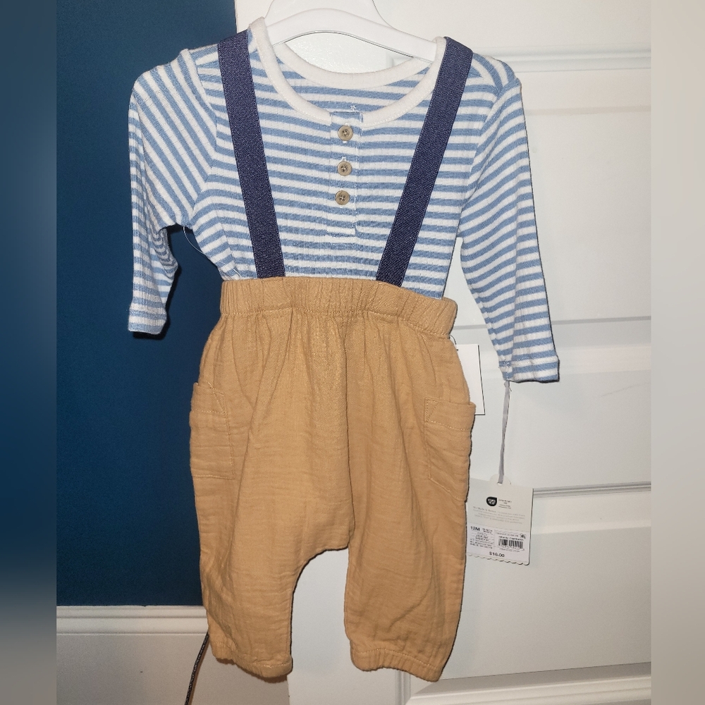 NWT Target Cloud Island Blue Striped Top with Tan Overalls (2 Piece Set)